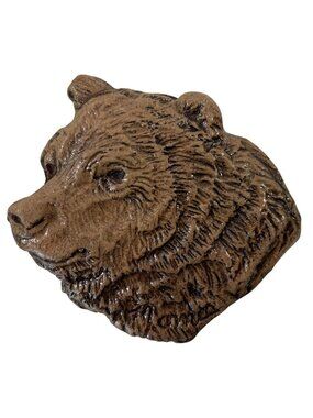 Vintage Hand Painted Brown Grizzly Bear Head Porcelain Pin Brooch 90s Zoo Retro